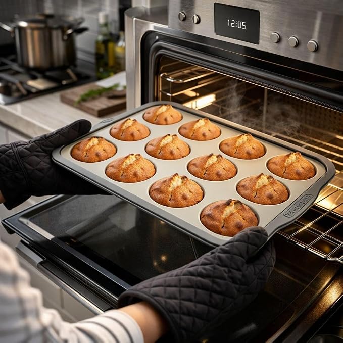 Silicone Muffin Pan 12 Cup, Non Stick Cupcake Baking Mold, Food Grade Heat Resistant Muffin Tray for Oven Baking Cupcakes (Gray)
