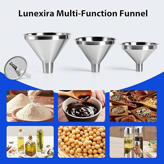 4-Piece Stainless Steel Kitchen Funnel Set, Includes 3 Funnel Sizes and 1 Strainer. Ideal for transferring seasonings, Oils, Liquids, Dry Goods and Powders. Durable and Easy to Clean.