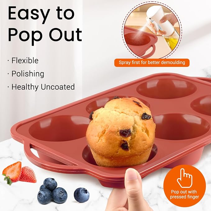 JOERSH Jumbo Muffin Pan with Metal Frame, 6 Cup Large Cupcake Mold with Handles, Non-Stick Silicone Baking Tray for Jumbo Muffin, Cupcake, Egg Bite