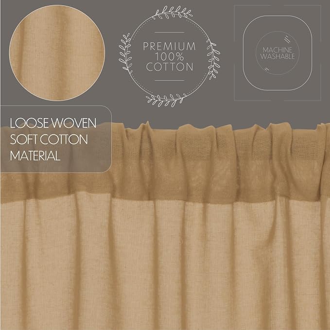 VHC Brands Primitive Farmhouse Kitchen Window Curtains-Tobacco Cloth Tan Fringed Prairie Swag Pair, x King, Khaki