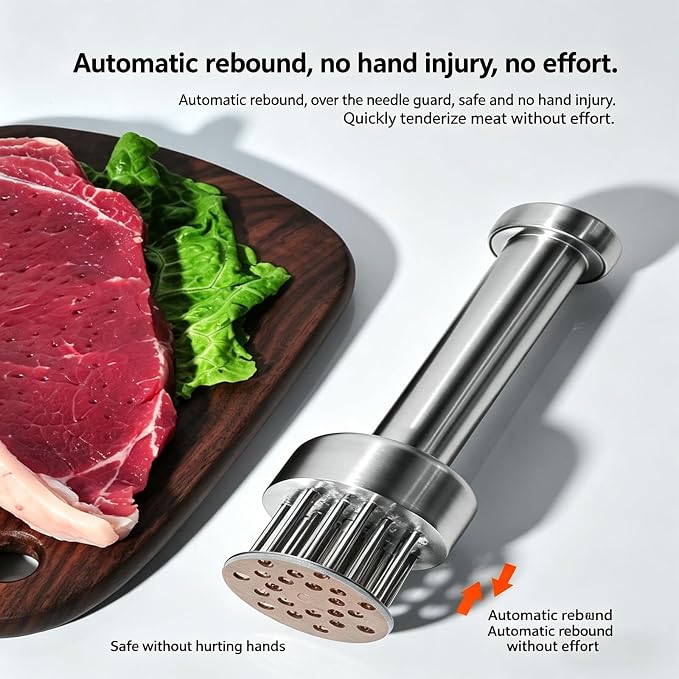 Meat Tenderizer Tool, 21 Sharp Needles Auto-Rebound Meat Tenderizer, Premium 304 Stainless Steel Steak Tenderizer with Comfort Grip Handle, Dishwasher Safe for Beef, Chicken, Turkey, Pork & Salmon
