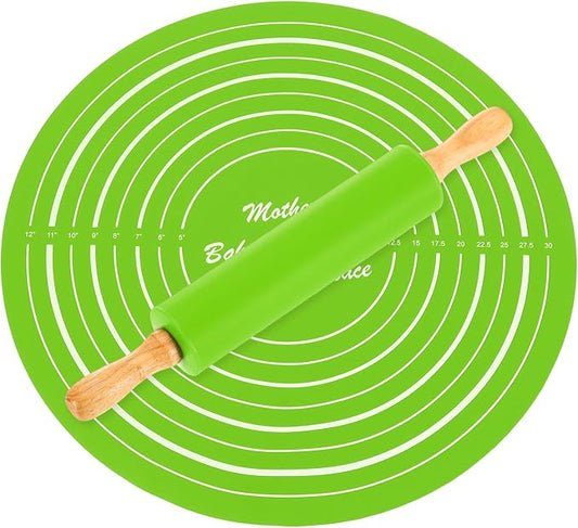 uxcell 6.7 Inch Silicone Rolling Pin and Pastry Baking Mat Set Small Dough Roller with Wood Handle for Pizza Pastry Fondant Home Kitchen, Green