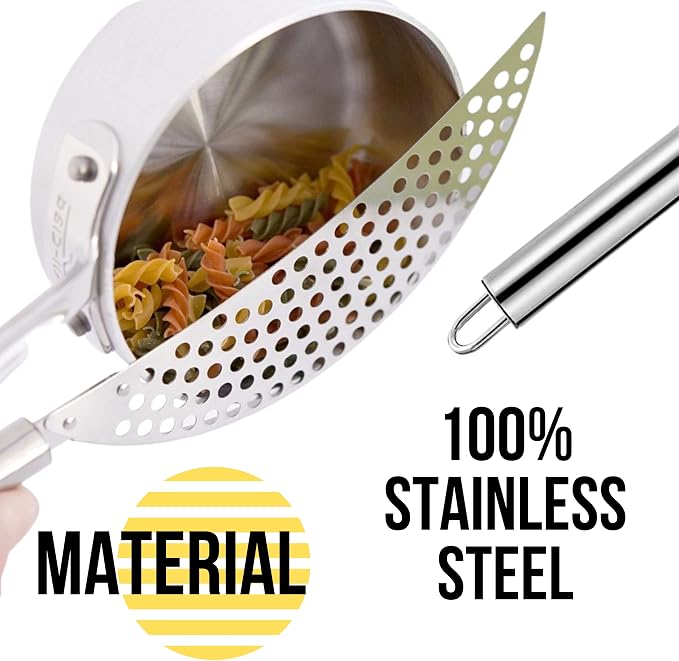 Held Crescent Drainer Pan Pot Strainer with Handle Stainless Steel Hand for Spaghetti Fry Noodles Fruit Vegetable Pasta Strainer Colander Heavy Duty Food Drainers