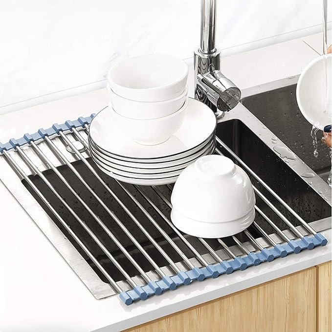 Over The Sink Dish Drying Rack, Roll Up Dish Drying Rack Kitchen Dish Rack Stainless Steel Sink Drying Rack, Foldable Dish Drainer, 17.5''x11.8''