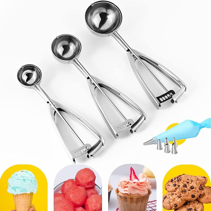 Ecowin Cookie Scoop Set Ice Cream Scoops, 3 PCS Thick Stainless Steel Ice Cream Scoop with Trigger Release, Cookie Scooper for Baking, Free Piping Bag and Tips Cake Decorating, Easy to Clean