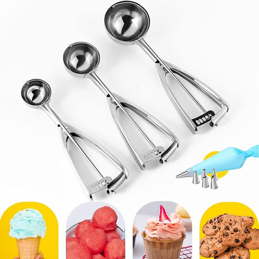 Ecowin Cookie Scoop Set Ice Cream Scoops, 3 PCS Thick Stainless Steel Ice Cream Scoop with Trigger Release, Cookie Scooper for Baking, Free Piping Bag and Tips Cake Decorating, Easy to Clean