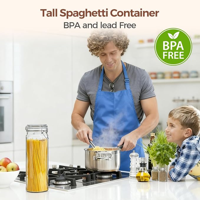 ComSaf Tall Glass Pasta Containers with Airtight Lids 68 oz 3 Pack Canister | Spaghetti linguine, Long pasta storage, Breadsticks, Vertical pantry organization, Cabinet organization, Dry food storage