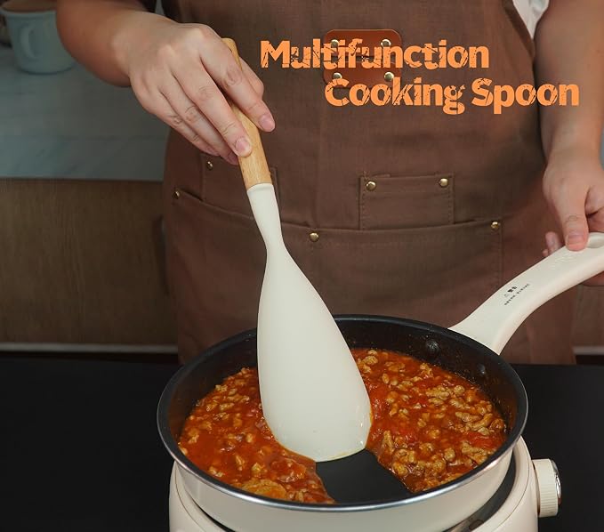 Silicone Cooking Spoon and Pasta Fork Set, 2 Pack Large Spatula Spoons Set with Wooden Handle, Heat Resistant Multifunction Spoon for Cooking, Serving and Mixing Spaghetti (White)