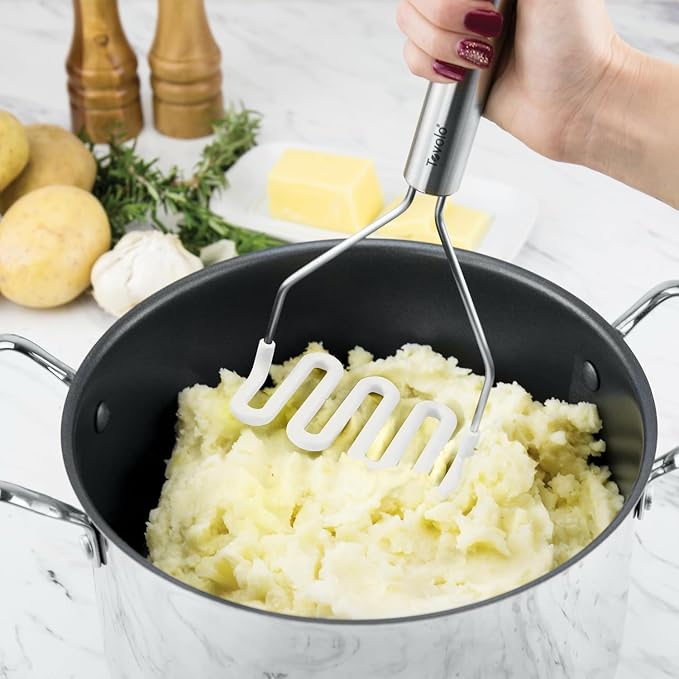 Tovolo Silicone Cooking Utensil Set of 6 Stainless Steel Handle Ladle Slotted Turner Tongs Flex Core Spatula Scraper Mixing Spoon & Potato Masher, Dishwasher Safe BPA Free Utensils, White