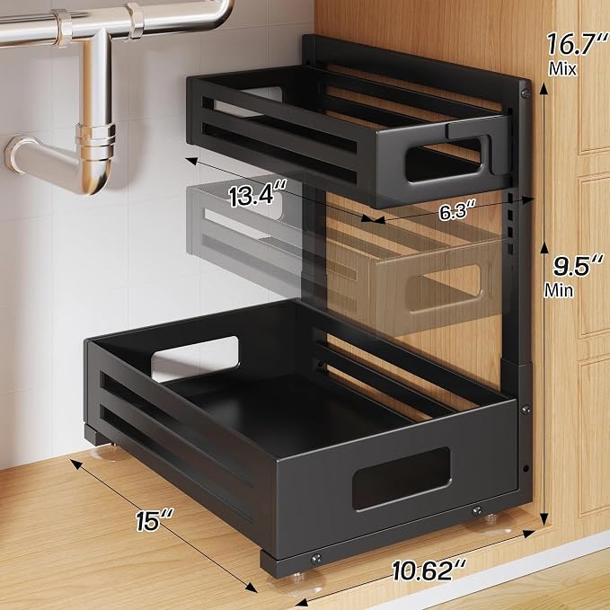 2 Pack Under Sink Organizer,Pull Out Cabinet Organizer with Smooth Cylindrical Rail,Metal Slide Out Drawer for Kitchen Bathroom Laundry Cabinet,8-Level Tool Free Height Adjustable-Black