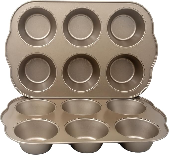 Non-Stick Jumbo 3.5" 6-Cup Muffin Pans, Set of 2(Gold) | Carbon Steel, Long Handle for Large Muffin & Cupcakes