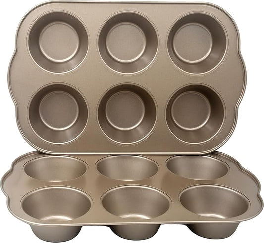 Non-Stick Jumbo 3.5" 6-Cup Muffin Pans, Set of 2(Gold) | Carbon Steel, Long Handle for Large Muffin & Cupcakes