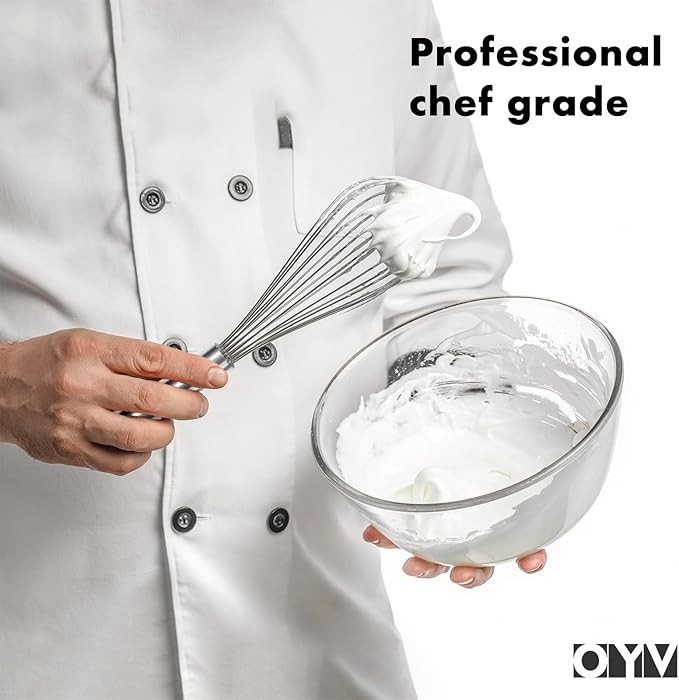 OYV 18/10 Stainless Steel Whisk, Ergonomic Handle, Dishwasher Safe Metal Whisk, Professional Wisk for Kitchen Cooking, Perfect for Blending, Whisking, Baking, and Beating, 10-Inch Wire Wisk