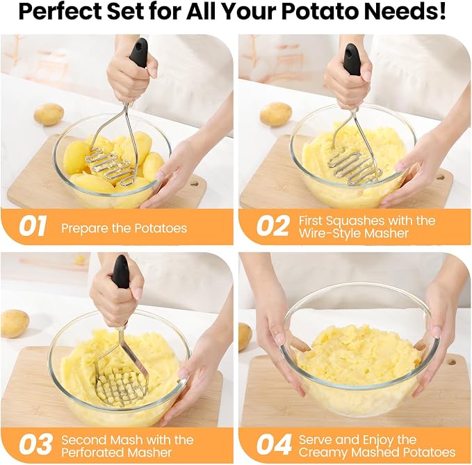 2Pcs Potato Masher Set with Silicone Handle, Premium Stainless Steel Potato Masher, Integrated & Wire Masher for Potatoes, Avocado, Vegetables and Baby Food