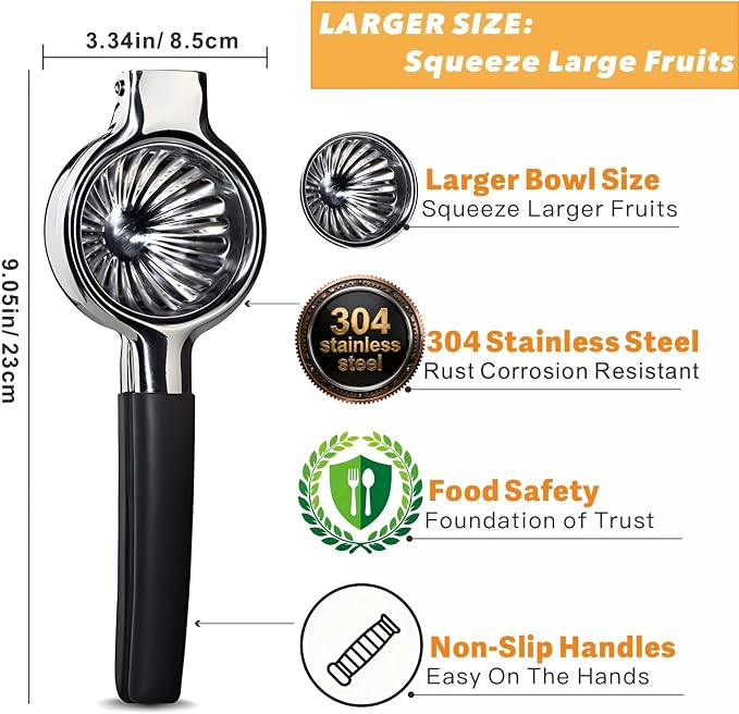 Stainless Steel Lemon Squeezer, Manual Citrus Juicer with Non-Slip Handles, 304 Grade Steel Large Manual Lemon Press Juicer, Ergonomic Design Handheld Lime Squeezer Fruit Juicer
