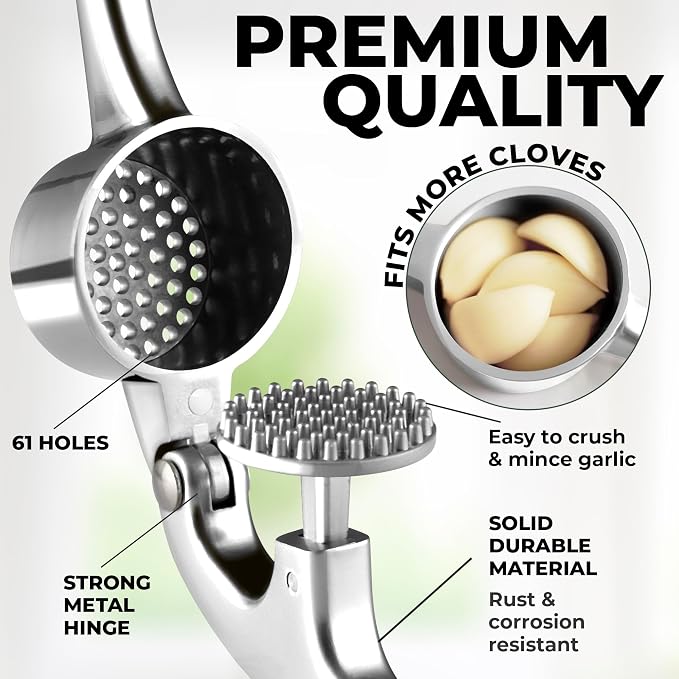 Zulay Kitchen Large Premium Garlic Press Set - Bigger Bowl for Bigger Garlic - Rust Proof Garlic Mincer Tool - Easy-Squeeze, Easy-Clean Silicone Garlic Peeler & Brush (Chrome)