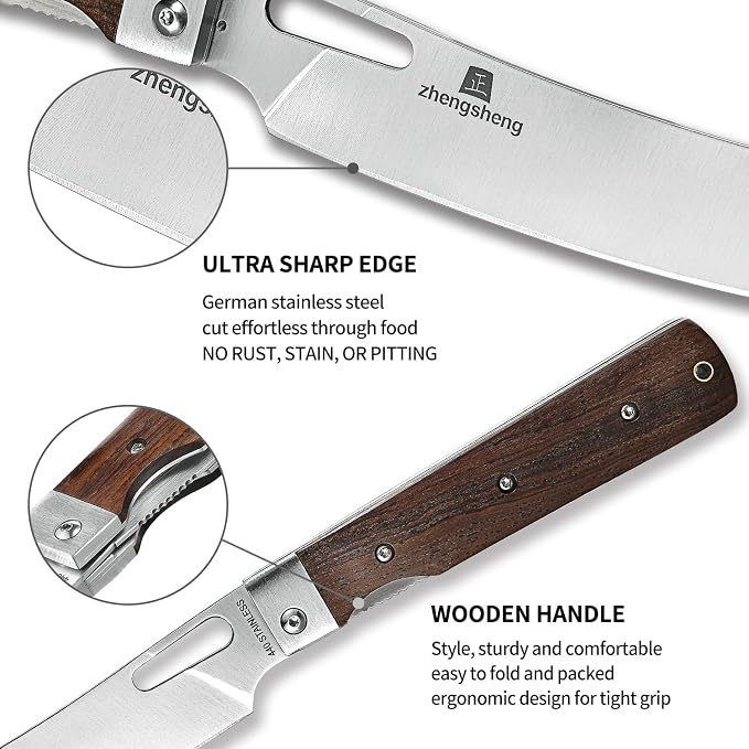 ZhengSheng Folding Chef Knife with Nylon Pouch 4.8" Sharp 440A Stainless Steel Blade Wooden Handle Pocket Foldable Japanese Style Kitchen Knife for Outdoor Camping Cooking