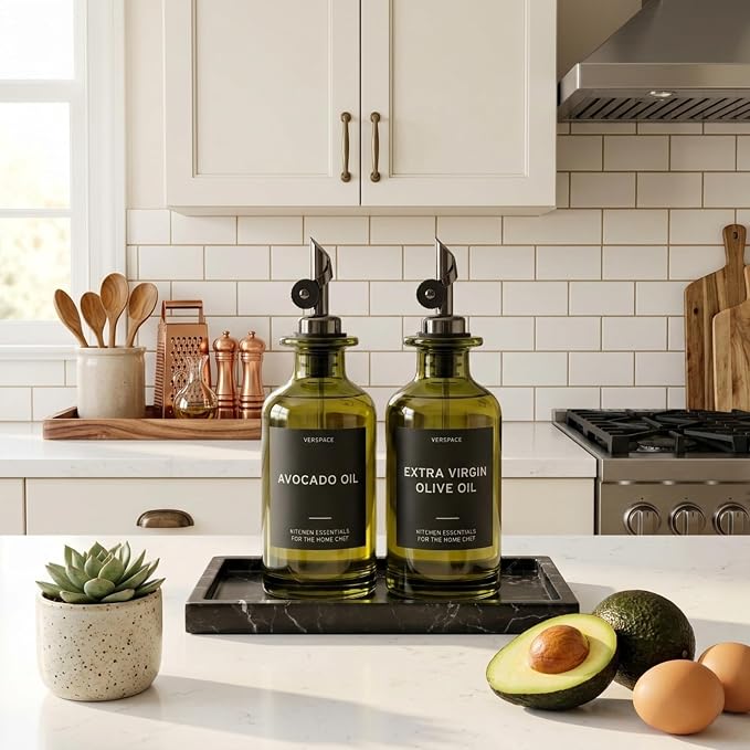 Verspace UV-Protected Green Glass Olive Oil Dispenser Bottles For Kitchen - 2 Pack - 12oz Includes 40 Kitchen Essential Labels, Avocado Oil Dispenser Set, Modern Decor for Home, Airbnb, Cafe