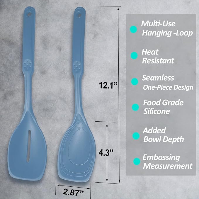 2 Pack Large Silicone Cooking Spoon, Non-Stick Slotted and Solid Spoon set with Deep Bolw- Measurement Mark for Mixing, Serving, Scooping, Scraping, Heat Resistant Kitchen Utensils, Starry Blue