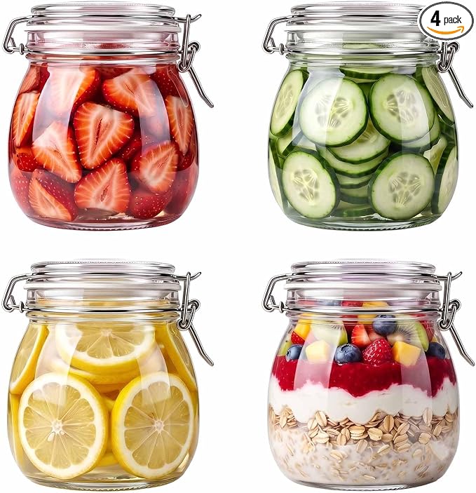 17 oz Glass Jars 4Pack with Airtight Lids,Wide Mouth Food Storage Canisters | Leakproof seal, moisture-proof pantry organization, heavy-duty borosilicate glass, ideal for flour, sugar, coffee, pasta