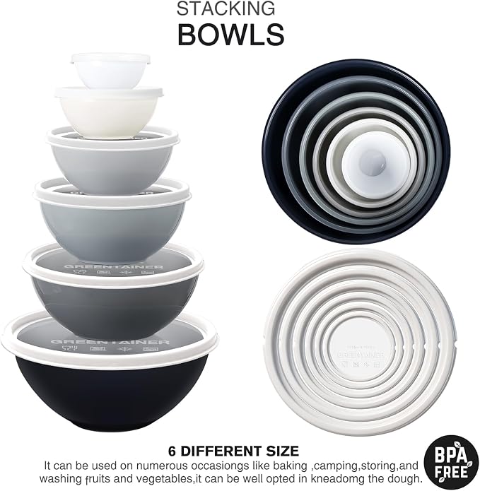 Greentainer Plastic Mixing Bowls with Lids Set for Kitchen, 6 Set Nesting Bowls for Mixing, Baking, Prepping, Cooking and Serving Food, Mixing Bowls Dishwasher, Microwave Safe