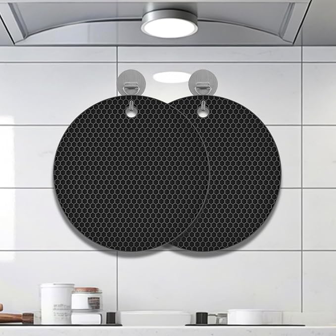Silicone Non-Slip, Heat Resistant & Water-Trapping Trivet Mats for Hot Pots & Pans & Dishes & Cookware, Multipurpose Kitchen Table Coaster, 7.1 Inch, 2 Pcs, Black