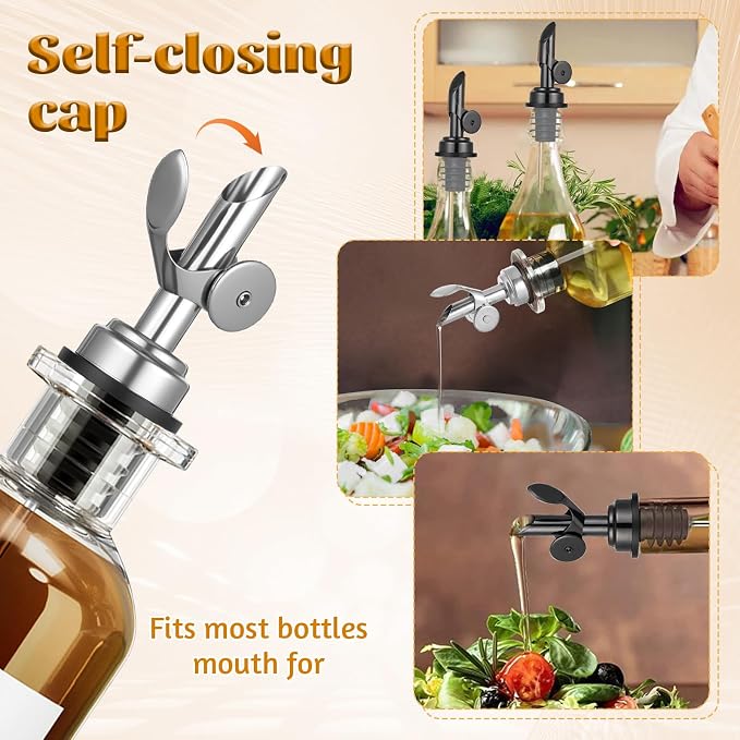 2 PCS Olive Oil Dispenser Spout, Olive Oil Spout for Liquor Bottles | Self Closing Oil Bottle Spout, Auto Flip Liquor Pour Spout for Oil, Vinegar, Syrup and Alcohol, Black silver