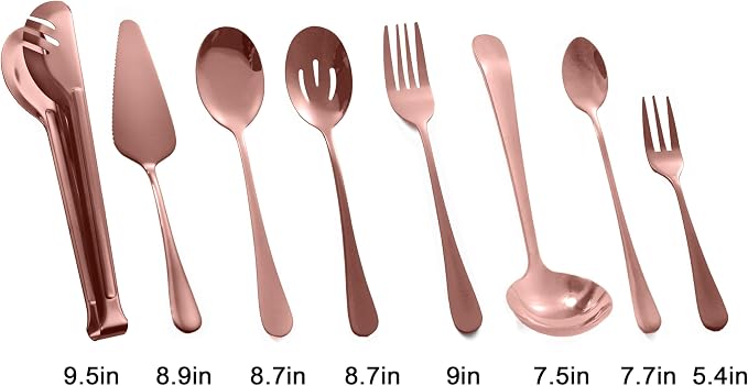 Rose Gold Buffet Party Serving Utensils Set 12 Pieces Copper Stainless Steel Flatware Silverware Set, Includes Serving Spoon Slotted Spoons Serving Forks Soup Ladle Serving Tongs Pie Server