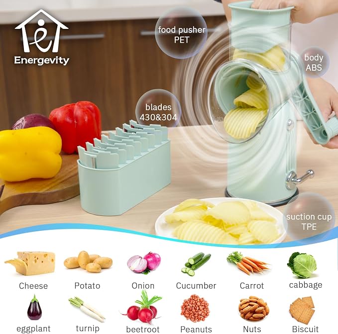 ENERGEVITY Manual Rotary Cheese Grater with Handle, 5 in 1 Replaceable Stainless Blades Cheese Shredder,Strong Suction Base Vegetable Slicer with Cleaning Brush & Bonus Storage Box for Blades (green)