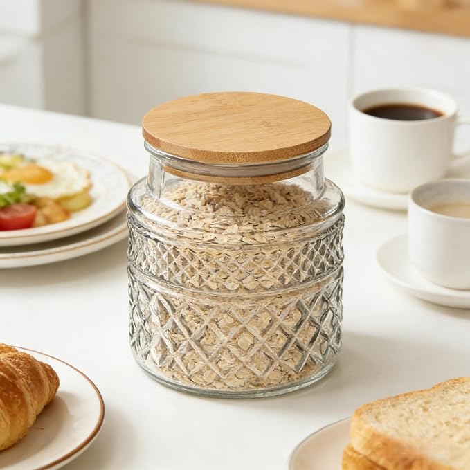 Prettidecor Glass Storage Jars, 38 FL OZ Airtight Canisters with Bamboo Lid, Decorative Kitchen Containers for Cereal, Nuts, Snacks, Candy, Cookies, Coffee, Tea | Kitchen Pantry Coffee bar Canister for Coffee Sugar Cereal Nut Candy, Airtight Bamboo Lid...