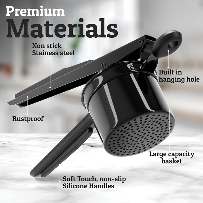 PriorityChef Large 15oz Potato Ricer With 3 Discs, Heavy Duty Stainless Steel Potato Ricer for Mashed Potatoes, Potato Masher, Press and Ricer Kitchen Tool, All Black