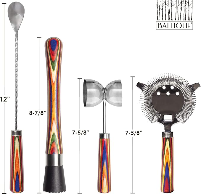 Totally Bamboo Baltique Marrakesh 4 Piece Bartender Kit, Bartending Gift Set with Essential Bar Accessory Tools, Includes Muddler, Double Sided Jigger, Hawthorne Cocktail Strainer and Bar Spoon