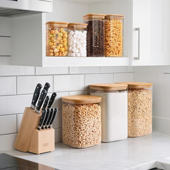 ComSaf Glass Storage Jars with Bamboo Lids 3.6 Qt Large Pantry Square | Cabinet Organization, Flour Sugar Coffee Beans, Pasta Cereal Dry Food, Big Capacity, Dry Food Storage