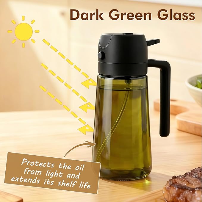 Poshetion 2 in 1 Olive Oil Sprayer for Cooking, 16oz Light-Proof Oil Dispenser for Kitchen, Leak-Proof Oil Spray Bottle for Air Fryer, Salad, BBQ, Baking, Grilling - Black