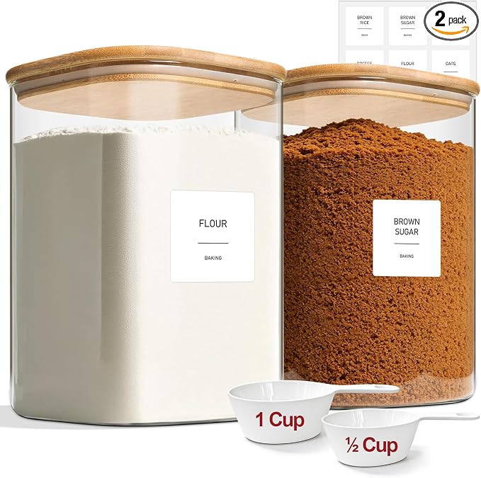 Glass Flour Containers with Lids 1 Gallon 2 Pack Pantry Organization | Wide Mouth, Scoop Included, Flour Sugar Coffee Beans Pasta Cereal Dry Food Storage,Large Capacity,Kitchen Organizer