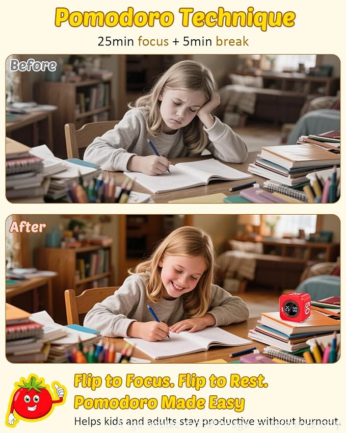 Digital Pomodoro Timer Cube 5/10/25/50min, Visual Productivity Flip Timer for Kids Classroom Desk, Custom Countdown, Silent and Sound Mode for ADHD Study Work Game Kitchen (Red)
