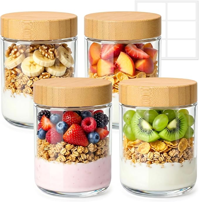 ComSaf Overnight Oats Containers with Lids 16 oz, Small Glass Jars 4 Pack | Mason Jar, Plastic Liner, Portable Yogurt Containers, Leakproof and Reusable Storage Jar, Oat, Meal Prep, Salad, Chia Pudding