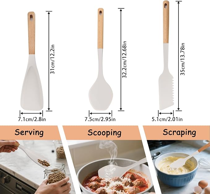 Silicone Spatula Set of 3 with Wood Handle, Multifunction Spoon for Nonstick Cookware, Heat Resistant Cooking Spoons and Scraper for Mixing, Scoop and Scrape (White)