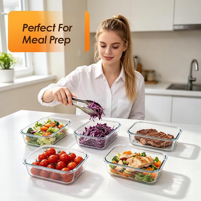 5 Pack 36oz Glass Storage Containers with Lids, Grey | Glass Meal Prep Food Container Sets, Snap Airtight Lid, For Microwave, Oven, Freezer and Dishwasher, BPA Free