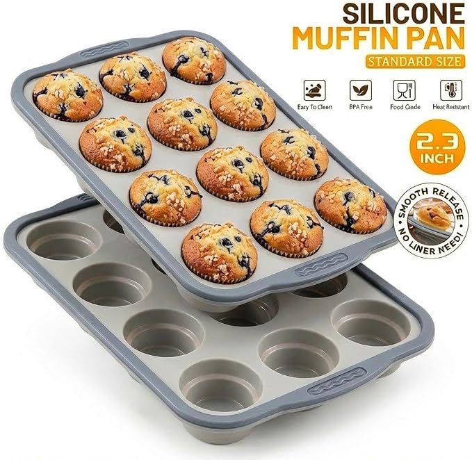 Silicone Muffin Pan 12 Cup, Non Stick Cupcake Baking Mold, Food Grade Heat Resistant Muffin Tray for Oven Baking Cupcakes (Gray)