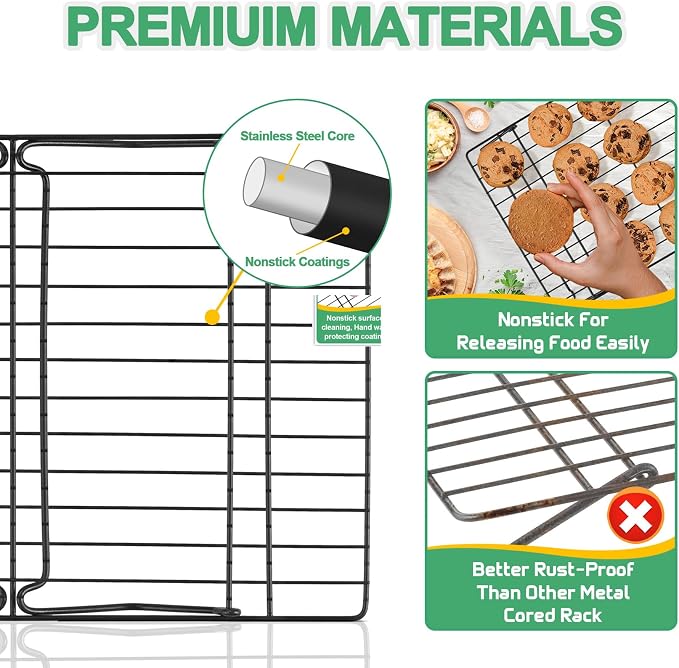 P&P CHEF Cooling Rack Set of 2, 2-Tier Stackable Stainless Steel Wire Racks for Baking Cooking Cooling Roasting, Collapsible & Heavy Duty, Oven Safe & Easy Clean, 15" x 10", Black