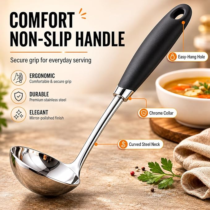 Stainless Steel Soup Ladle, 12 Inch Metal Ladle Spoon with Ergonomic Handle for Soup, Stew, Sauce, Chili, Gravy and Serving, Dishwasher Safe