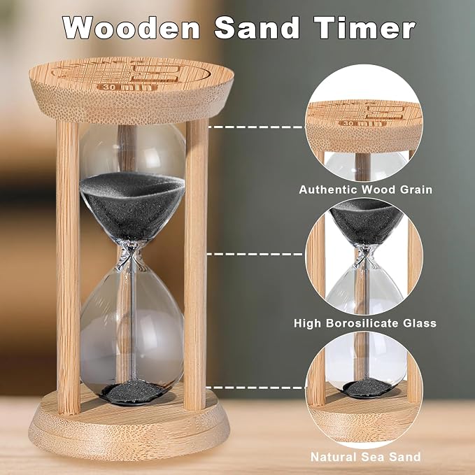 30 Minute Wooden Sand Timers, Bamboo Black Sand Hourglass for Decor, 30 Min Reloj De Arena for Kitchen, Office, Yoga, Game, Classroom