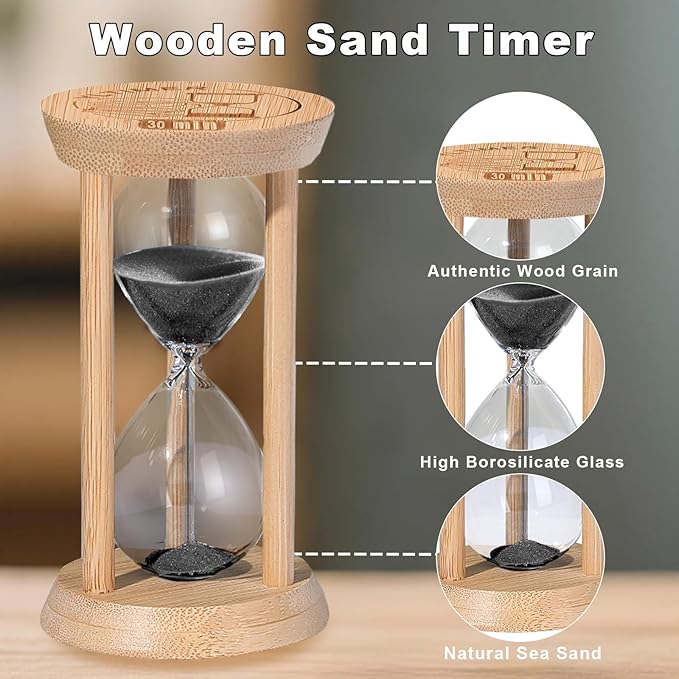 5 Minute Wooden Sand Timers, Bamboo Mini Black Sand Hourglass for Productivity, Meditation & Decor, 5 Min Small Reloj De Arena for Kitchen, Office, Yoga, Game, Classroom