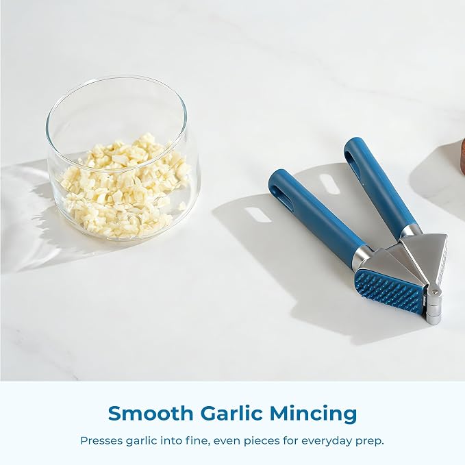 OOU Garlic Press, Stainless Steel Garlic Mincer with Premium Zinc Alloy Construction, Easy-Squeeze Ergonomic TPE Non-Slip Grip Handles, Reverse Cleaning Bumps and Dishwasher Safe Design, Blue