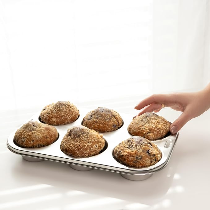 Fox Run Stainless Steel Extra Large Muffin and Cupcake Pan, 6 Cup Jumbo Tin | Bake Jumbo Cupcakes & Muffins | Durable Dishwasher Safe Stainless Steel | 6 XL Cups | Consistent Results | Baking Essential