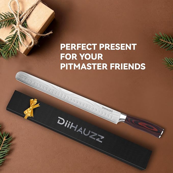 DiiHAUZZ Brisket Slicing Knife, 12" Carving Knife Razor Sharp High Carbon Steel with Ergonomic Pakkawood Handle for Meat, Roast Beef, BBQ, Turkey, Grilling Gift for Men