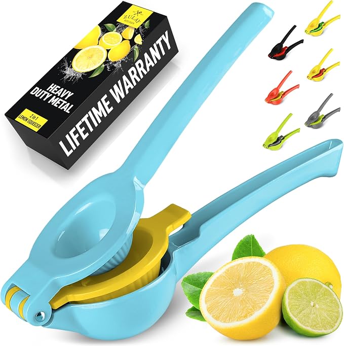 Zulay Metal 2-In-1 Lemon Squeezer Manual - Sturdy, Max Extraction Hand Juicer Lemon Squeezer Gets Every Last Drop - Easy to Clean Manual Citrus Juicer - Easy-to-Use Lemon Juicer Squeezer - Blue/Yellow