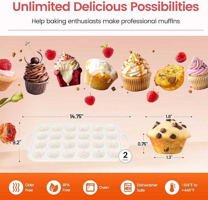 Silicone Muffin Pans With Metal Reinforced Frame - 24 Cups Durable Silicone Baking Pan for Muffins, Cupcakes, BPA Free and Dishwasher Safe - Beige with Rainbow Spots, Set of 2