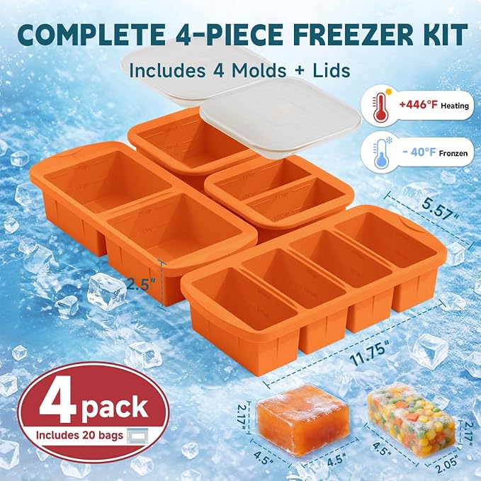 4 Pack Silicone Freezer Trays with Lid - Multi-Size 1-Cup & 2-Cup Portions, Food-Grade Silicone Freezer Molds for Soup & Meal Prep - Large Freezer Storage Containers, Oven & Dishwasher Safe - Orange